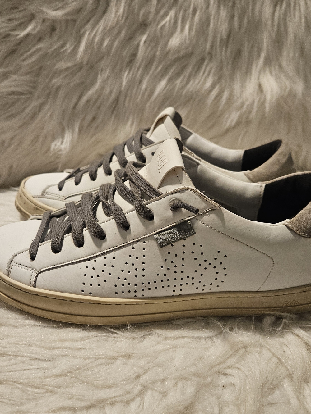 P448 White Leather Sneakers with Gray Laces and Tan Sole